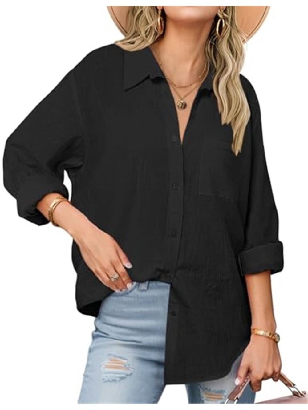 Black Cotton Gauze Button Down Shirt Long Sleeve Collared Loose Fit Blouse
